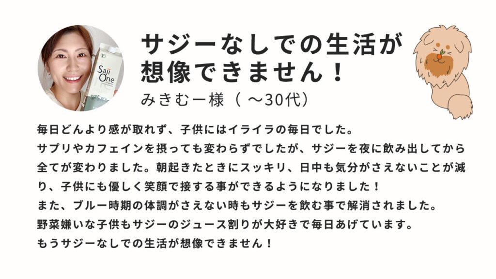 サジーなしでの生活が想像できません！毎日どんより感が取れず、子供にはイライラの毎日でした。サプリやカフェインを摂っても変わらずでしたが、サジーを夜に飲みだしてからすべてが変わりました。朝起きたときにスッキリ、日中も気分がさえないことが減り、子供にもやさしく笑顔で接することができるようになりました！また、ブルー時期の体調がさえない時もサジーを飲むことで解消されました。野菜嫌いな子供もサジーのジュース割りが大好きで毎日あげています。もうサジーなしでの生活が想像できません！