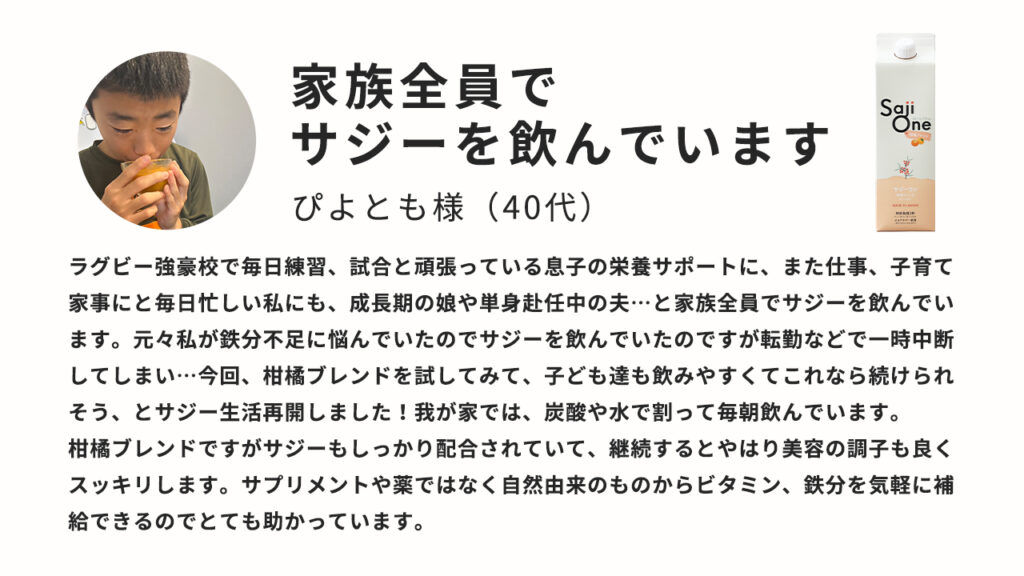 家族全員でサジーを飲んでいます。ラグビー強豪校で毎日練習、試合と頑張っている息子の栄養サポートに、また仕事、子育て家事いと毎日忙しい私にも、成長期の娘や単身赴任中の夫・・・と家族全員でサジーを飲んでいます。元々私が鉄分不足に悩んでいたのでサジーを飲んでいたのですが転勤などで一時中断してしまい・・・今回、柑橘ブレンドを試してみて、子供たちものみやすくてこれなら続けられそう、とサジー生活を再開しました！我が家では、炭酸や水で割って毎朝飲んでいます。柑橘ブレンドですがサジーもしっかり配合されていて、継続するとやはり美容の調子もよくスッキリします。サプリメントや薬ではなく自然由来のものだからビタミン、鉄分を気軽に補給できるのでとても助かっています。