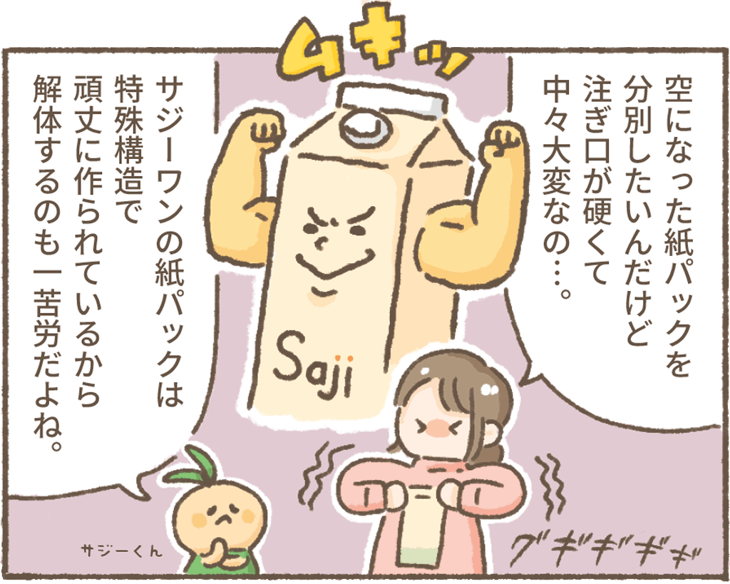 空になった紙パックを分別したいんだけど注ぎ口が硬くて中々大変なの…。
サジーワンの紙パックは特殊構造で頑丈に作られているから解体するのも一苦労だよね。