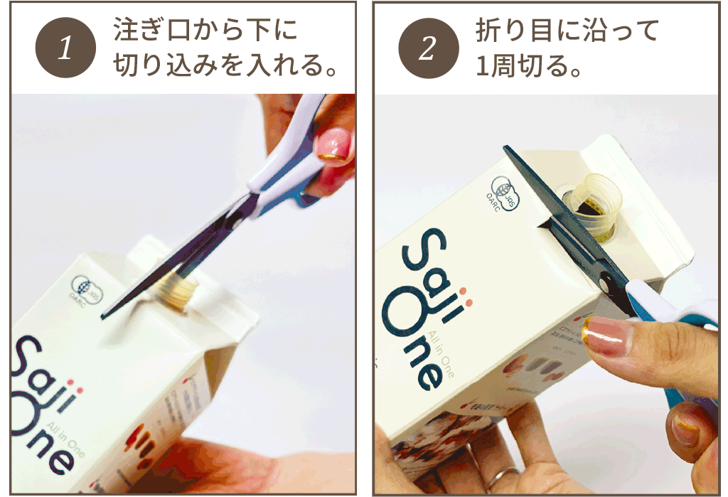 ①注ぎ口から下に切り込みを入れる。
②折り目に沿って1周切る。