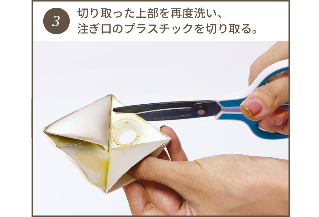 ③切り取った上部を再度洗い、注ぎ口のプラスチックを切り取る。