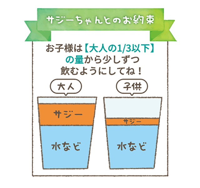 サジーちゃんとのお約束！
サジーベリーの飲み方
お子様は【大人の1/3以下】の量から少しずつ飲むようにしてね！