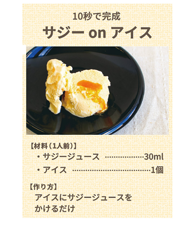 レシピ1「サジーベリーonアイス」
アイスにサジージュースをかけるだけ