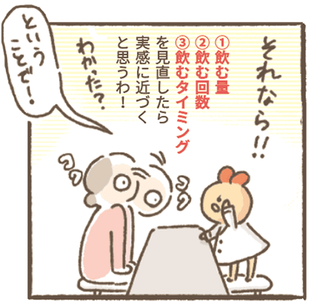 サジーちゃん「それなら！
①飲む量
②飲む回数
③飲むタイミングを見直したら実感に近づくと思うわ！
わかった？」
サジ子さんうなずく