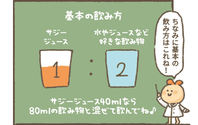 サジーちゃん続けて説明
「基本の飲み方　サジージュース1に対して水やジュースなどの好きな飲み物2
サジージュース40mlなら
80mlの飲み物と混ぜて飲んでね♪」