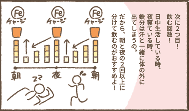 サジーちゃんの説明
「次に２つ目！
飲む回数！
日中生活している時、夜寝ている時、鉄分は汗と一緒に体の外に出てしまうの。
だから、朝と夜の２回以上に分けて飲むのがおすすめよ！」
