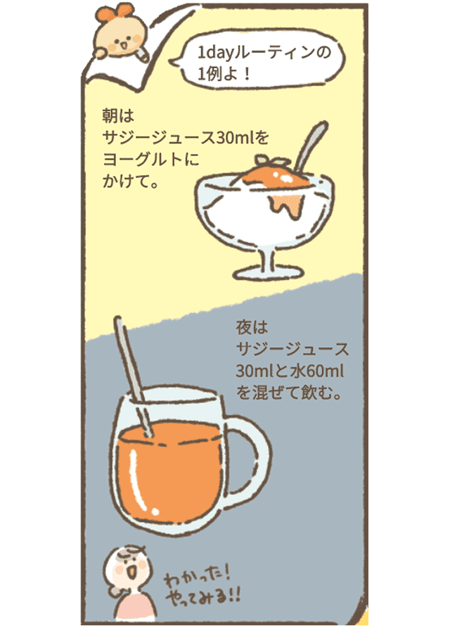 サジーちゃんの説明
「1dayルーティンの1例よ！
朝はサジージュース30mlをヨーグルトにかけて。
夜はサジージュース30mlと水60mlを混ぜて飲む。」
サジ子さん「わかったわ、やってみる」